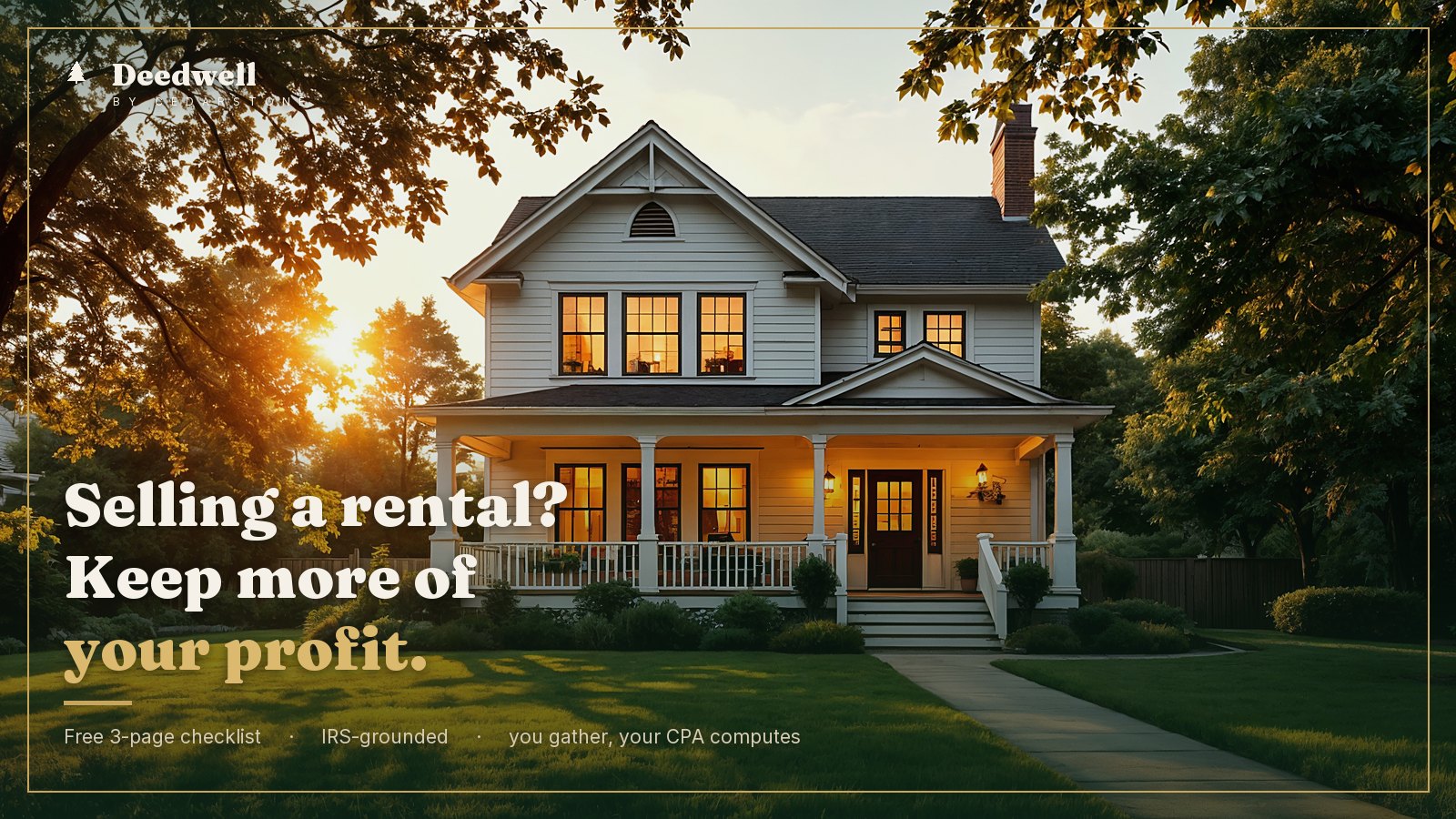 The Deedwell Rental-Sale Basis Reconstruction Checklist: a golden-hour home under the words Selling a rental? Keep more of your profit.