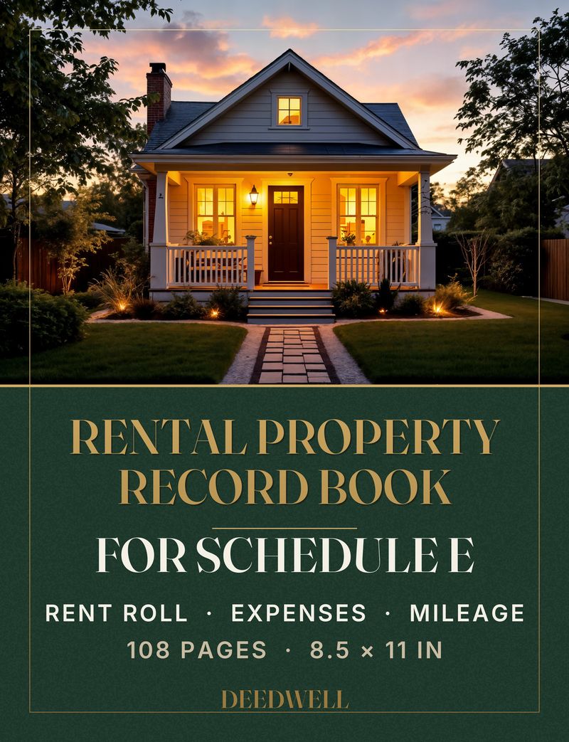 Cover of the Deedwell Rental Property Record Book: a lit craftsman cottage at dusk above a deep green band with the title in gold.