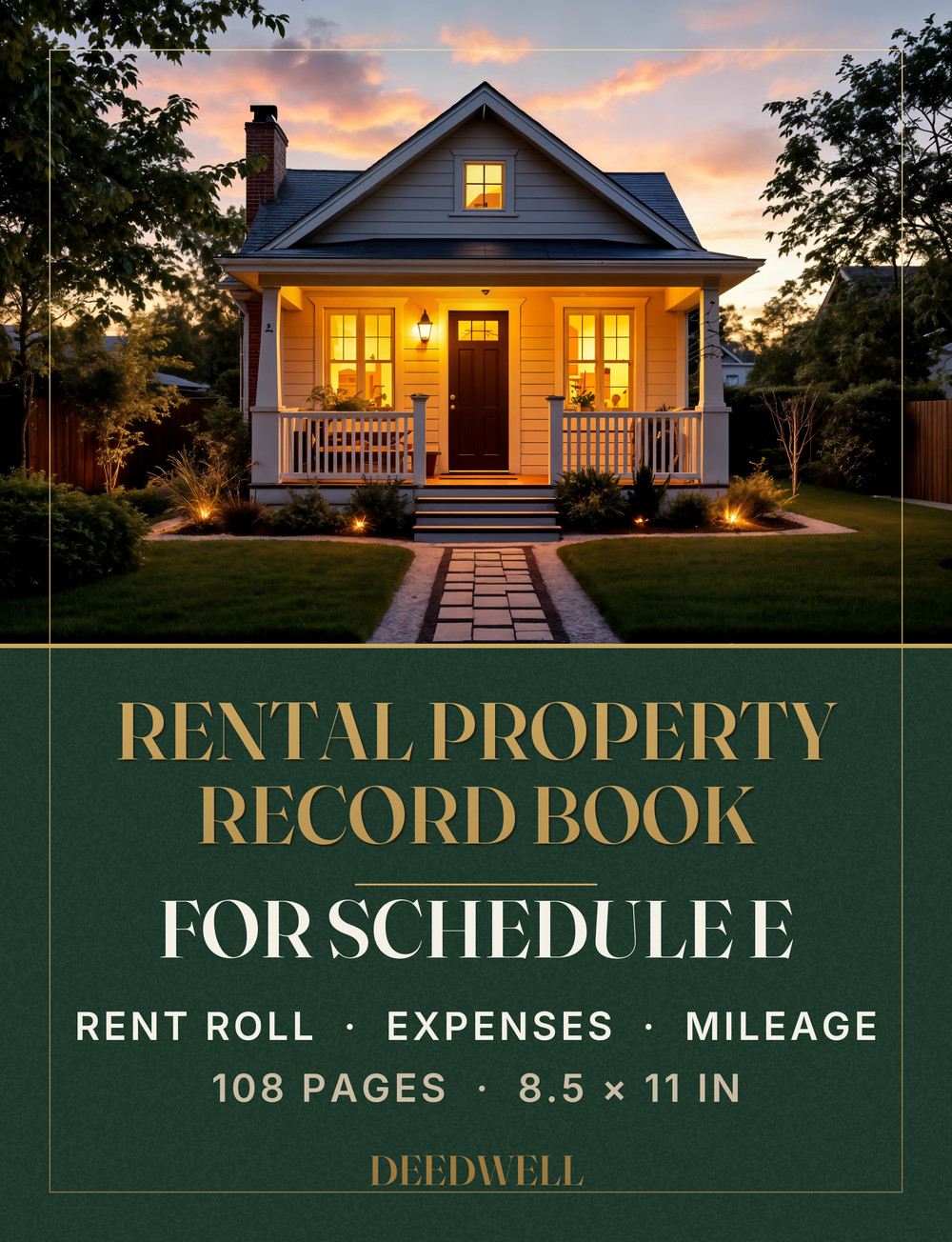 Cover of the Deedwell Rental Property Record Book: a lit craftsman cottage at dusk above a deep green band with the title in gold.