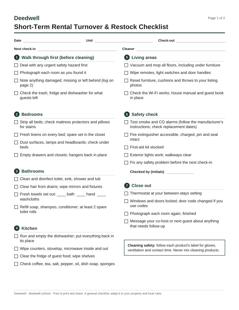 Page 1 of the checklist: date, unit, check-out, next check-in and cleaner fields, then seven numbered sections of tick boxes from walk-through to close-out.
