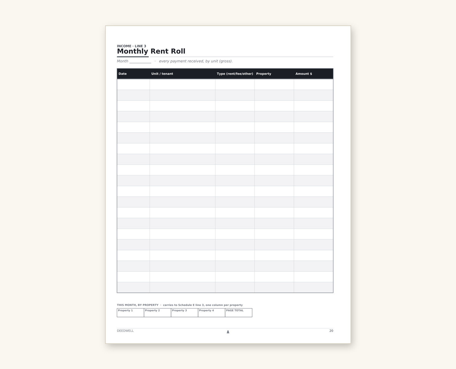 A monthly rent roll page with a row for each property and each month's rent received.